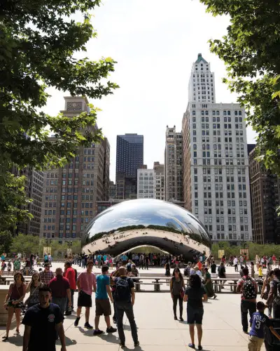 Eine Menschenmenge um die Cloud Gate-Skulptur 