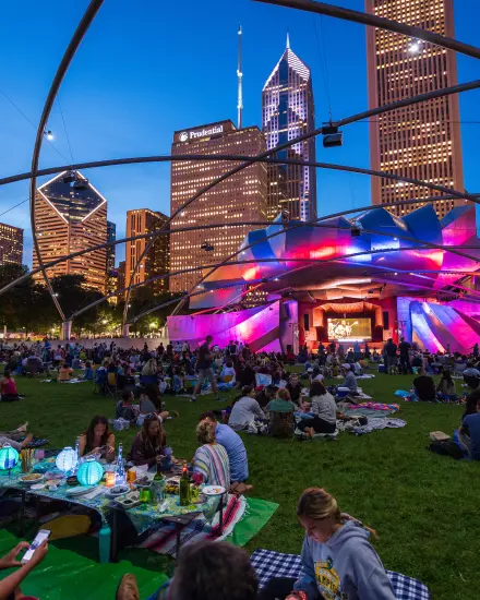 Auf der Wiese im Millennium Park in Chicago versammelte sich eine Menschenmenge zu einem Abendkonzert.