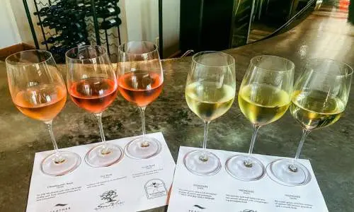 Rose und Weißwein auf einem Tisch im Weingut Shawnee Hills