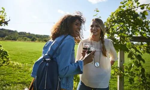 Zwei Mädchen lachen, während sie auf einem Weinberg Rotwein genießen