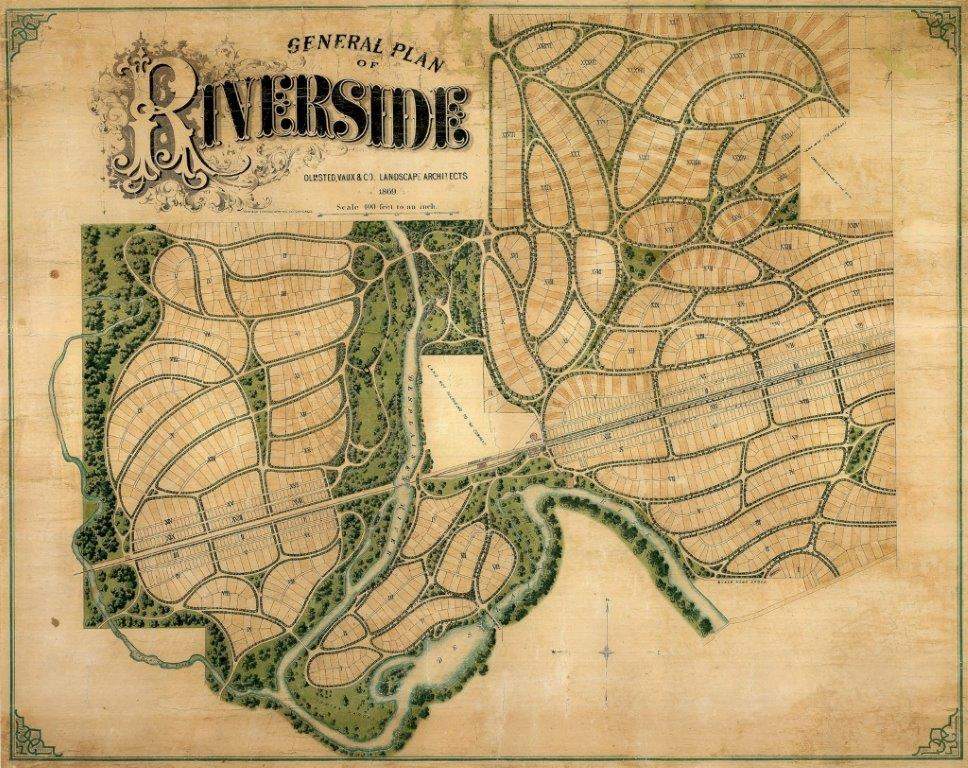 Ein Stadtplan aus dem 19. Jahrhundert mit dem Titel "Generalplan von Riverside".