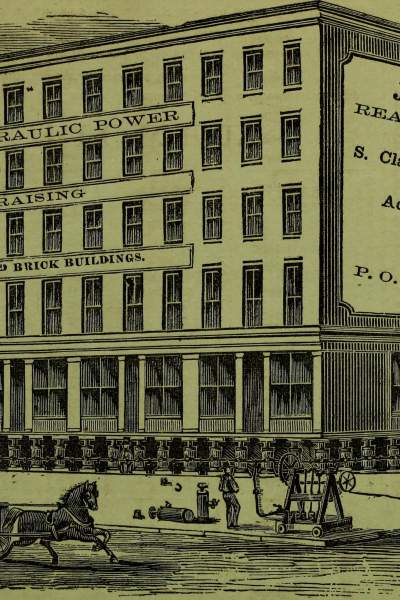 Eine Illustration aus den 1800er Jahren, die zeigt, wie ein Gebäude in Chicago mit hydraulischen Wagenhebern angehoben wird. Gemeinfreies Bild von Wikimedia Commons: https://commons.wikimedia.org/wiki/File:Illinois_state_business_directory_-_1860_(1860)_(14761103841).jpg