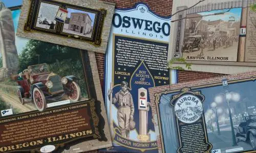 Eine Collage von Wandmalereien entlang des Lincoln Highway in Illinois