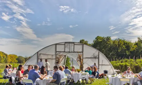 Menschen draußen mit großem Zelt