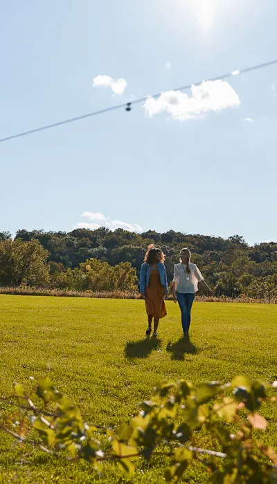 Zwei Freunde gehen auf einem Feld spazieren.