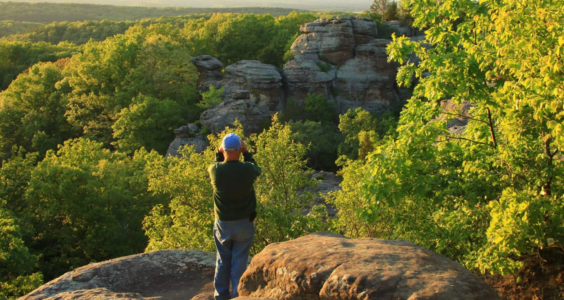 Ein Mann auf einem Felsen mit Blick auf einen Wald