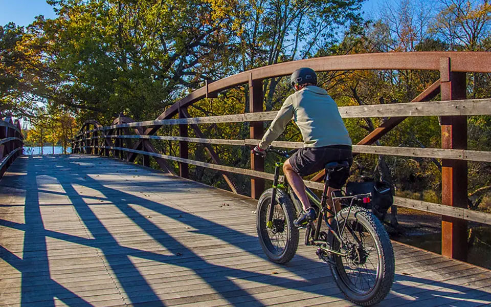 Person, die mit dem Fahrrad über eine Brücke im Independence Grove Forest Preserve fährt 