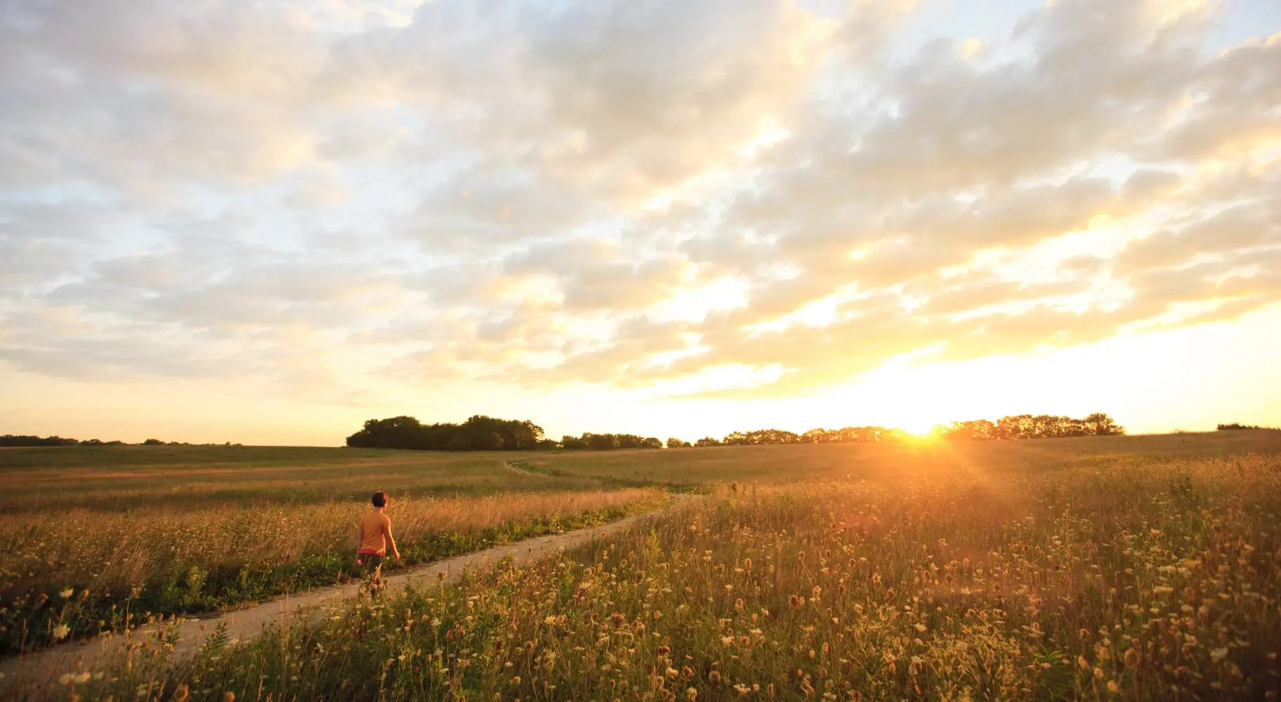Person beim Wandern durch die Midewin National Tallgrass Prairie bei Sonnenuntergang 