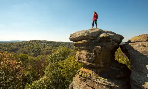 Frau steht auf einem großen Felsen mit Blick auf den Wald