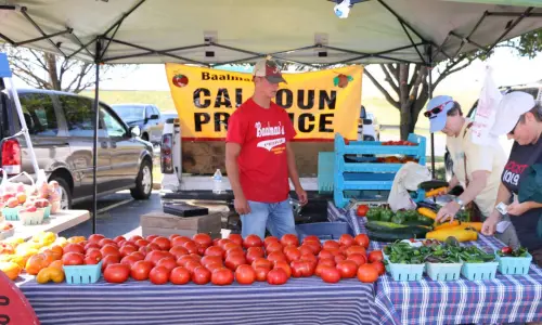 Ein Marktstand auf dem Bauernmarkt in Alton, Illinois