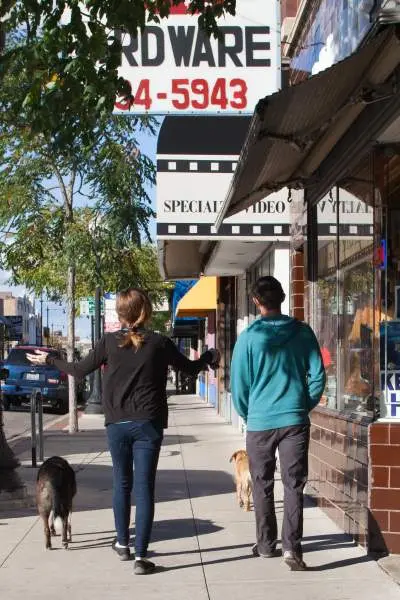 Spaziergänger mit ihren Hunden in der Clark Street, Andersonville