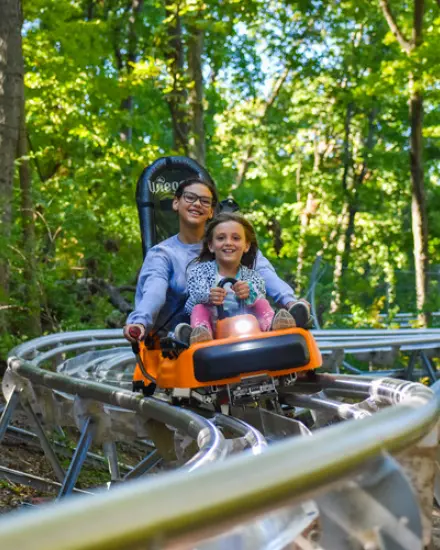 Ein Erwachsener und ein Kind fahren mit einer Alpenachterbahn durch ein Waldgebiet.